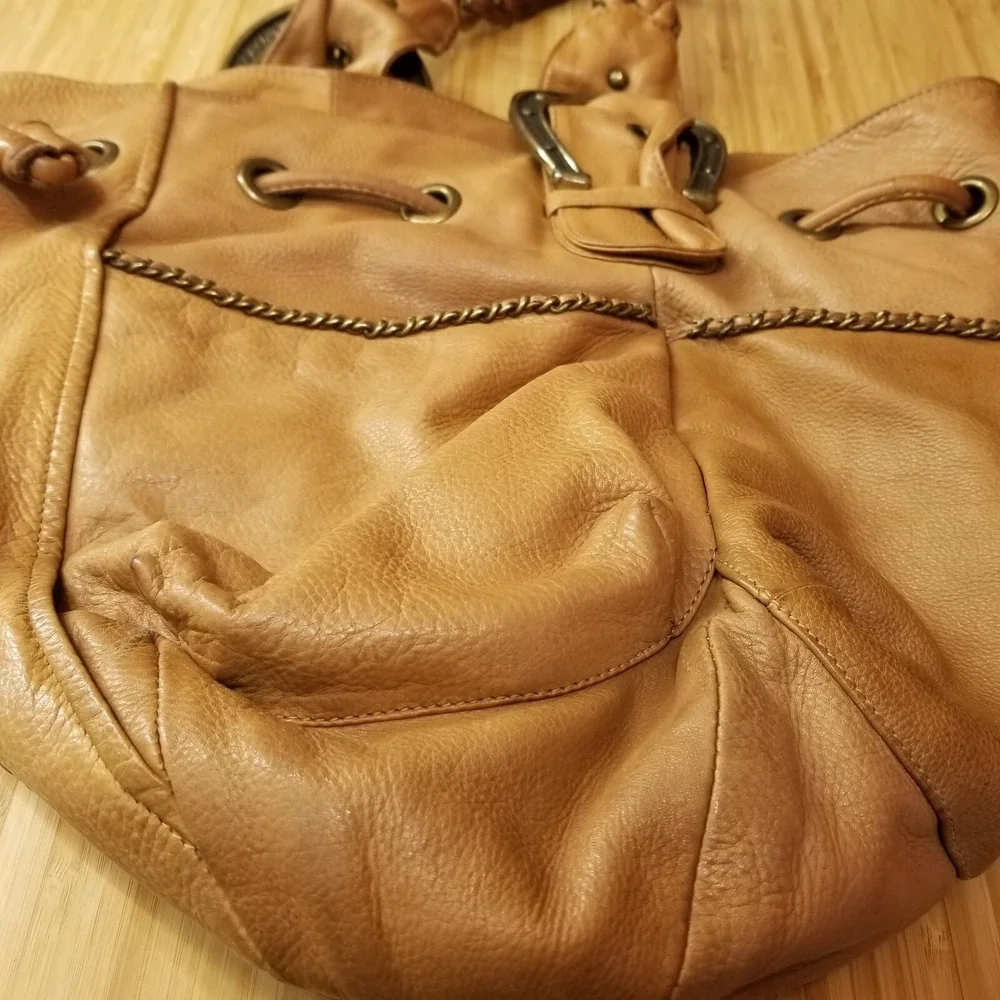 Vtg Betsey Johnson Leather Horseshoe‎ Bucket Bag Brown Y2K Western Cowgirl Hobo